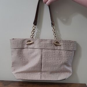 Tommy Hilfiger Cream and Tan Shoulder Bag with Gold Hardware